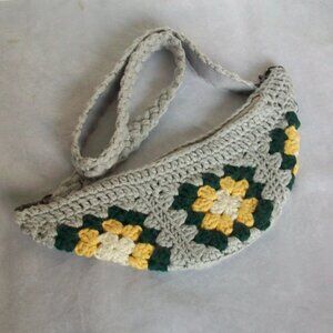 Hand Crochet Gray Yellow Green Granny Square Cross Body Belt Bag
